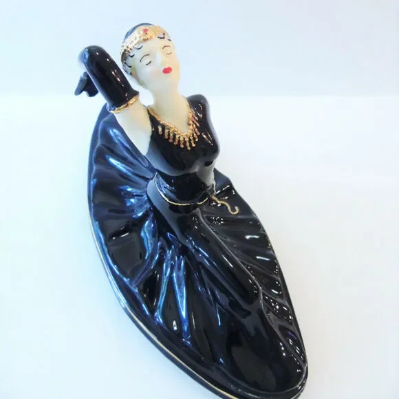 Art Deco LADY DANCER FIGURINE Black Porcelain 24K Gold Accent Split Ballet Pose